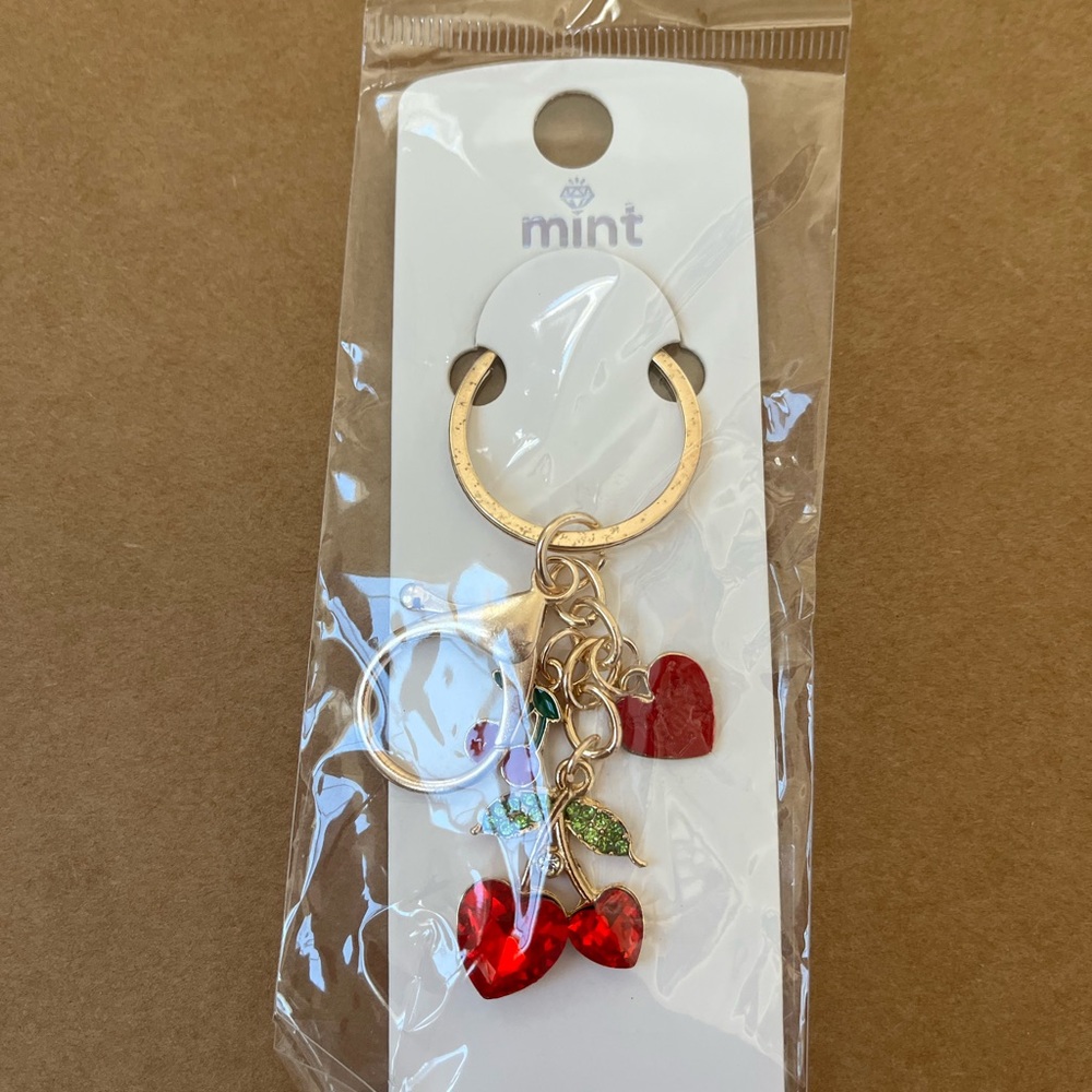 Mint Keychain with Red and Gold Cherry Charms